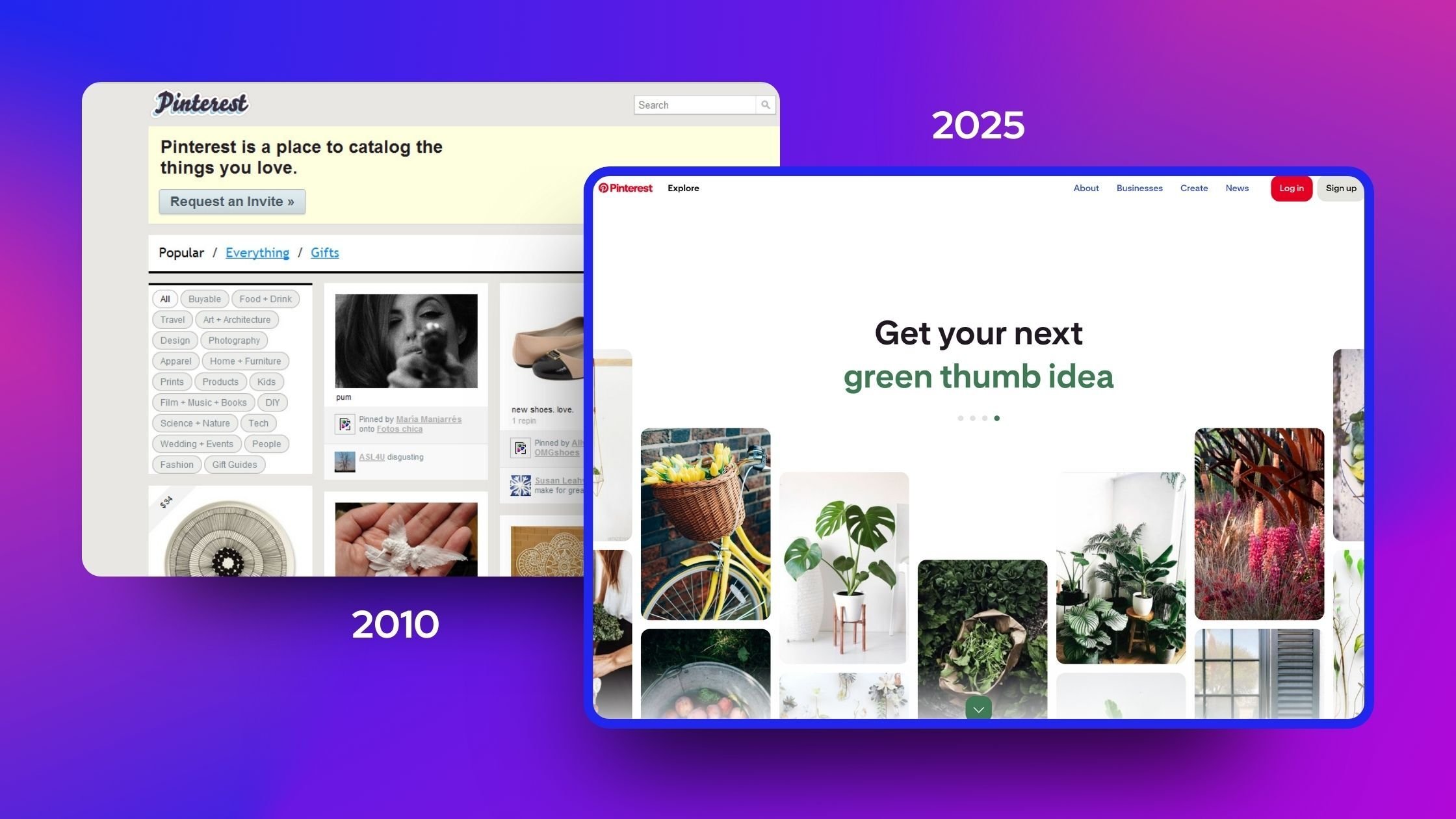 Pinterest 2010 website vs the current Pinterest website
