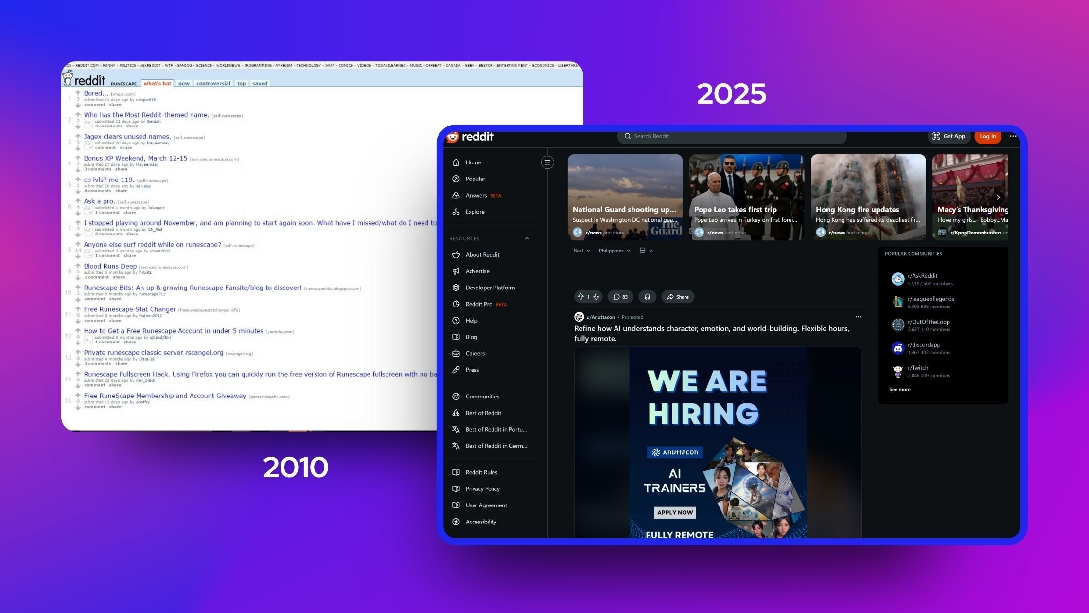 Reddit 2005 website vs the current Reddit website