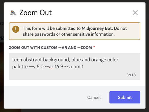 In the pop-up, tweak your prompt by adding '--ar' for the aspect ratio and adjusting the zoom to 1. In this example, we used '--ar 16:9'.