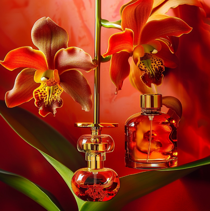 Vibrant photoshoot of a perfume bottle