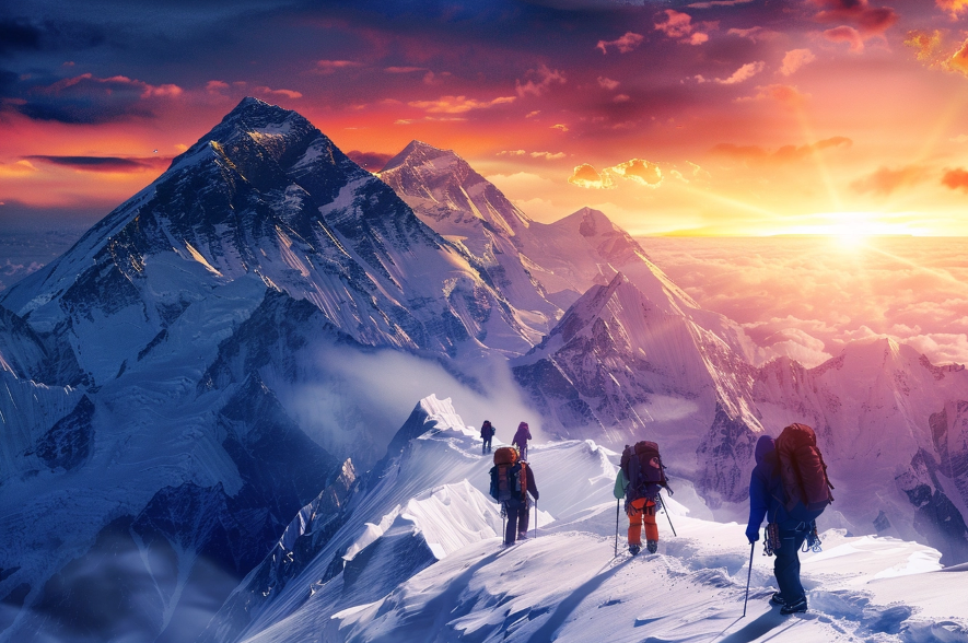 Climbers climbing the snow-capped Mt. Everest