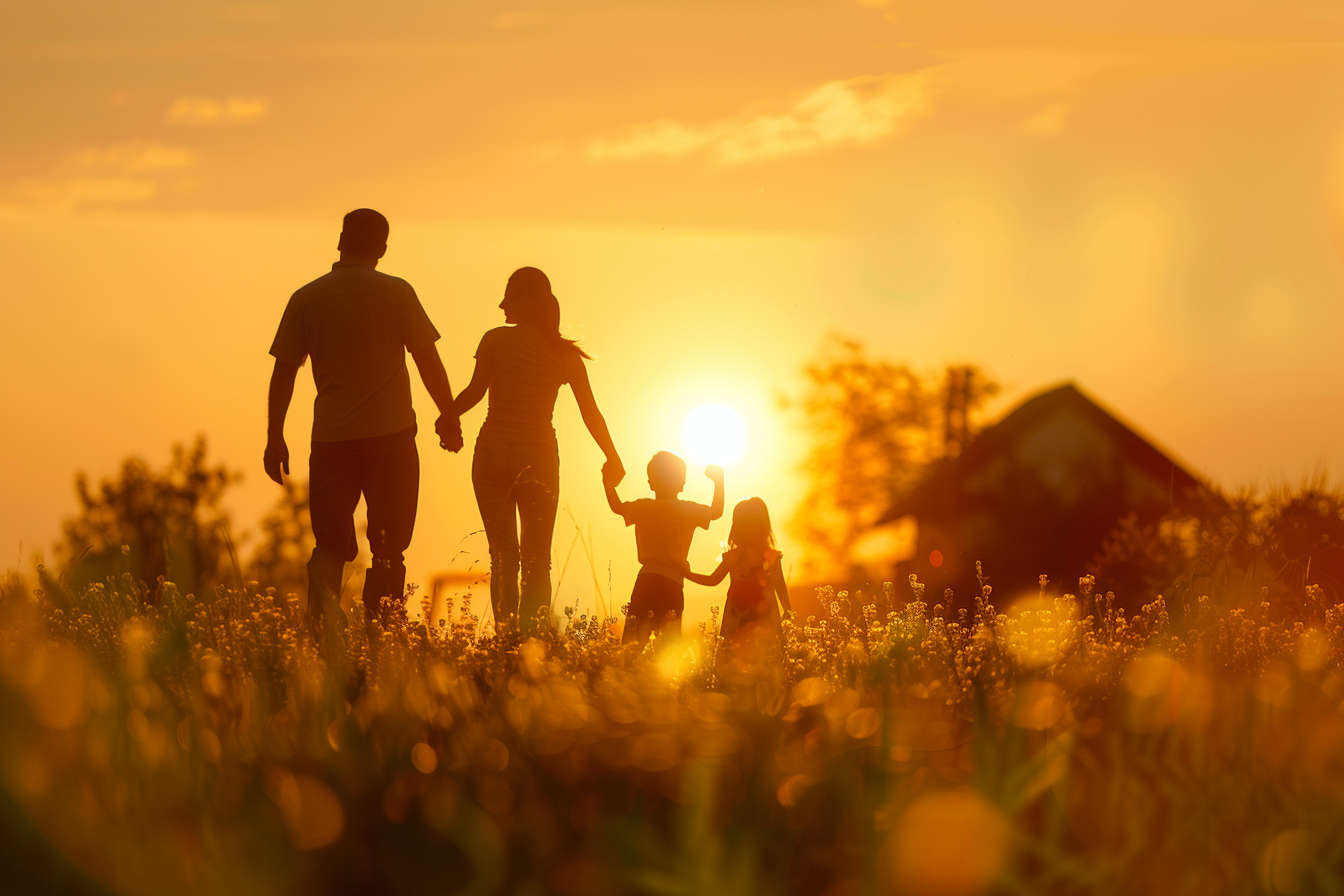 Family of father, mother and kids, going over the fields