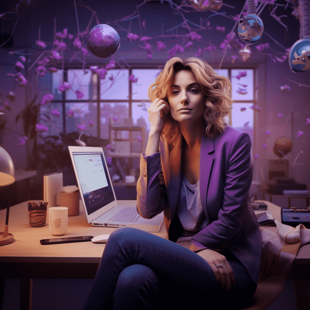 Surreal photography of a disappointed and tired australian woman in her late 40s, wearing business casual clothes, in a modern office