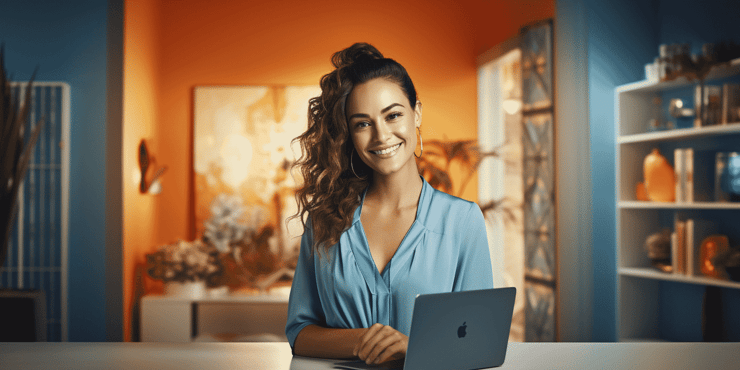 Extreme wide shot, Environmental Portraiture, a woman happily typing on her laptop, smiling brightly
