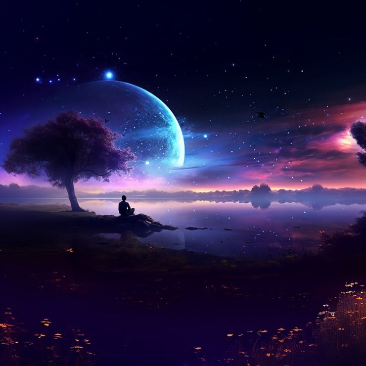 landscape of a tranquil lake under a large moon hanging remarkably close to Earth
