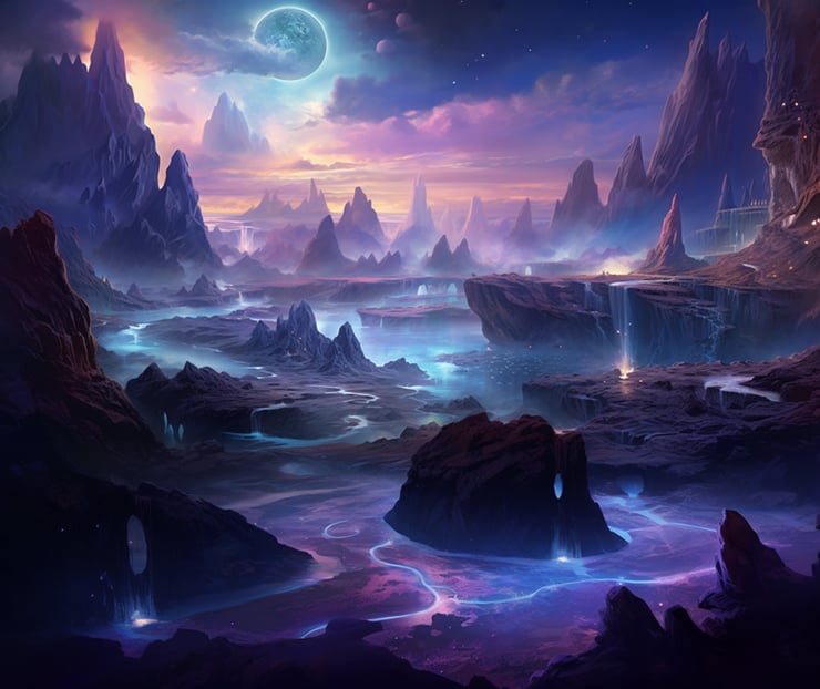 Vibrant fantasy landscape, futuristic, blue and violet hues, realistic, cinematic
