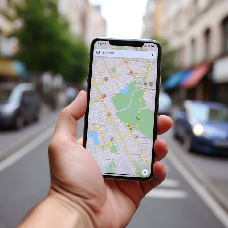 holding a phone, showing geo location software, google maps