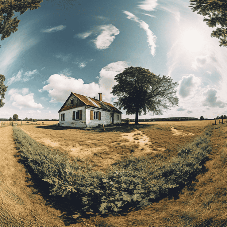 Wide angle front view of a bungalow in the middle of a field in the countryside