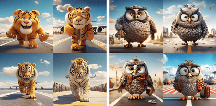 3D realistic tiger and owl walking on a runway