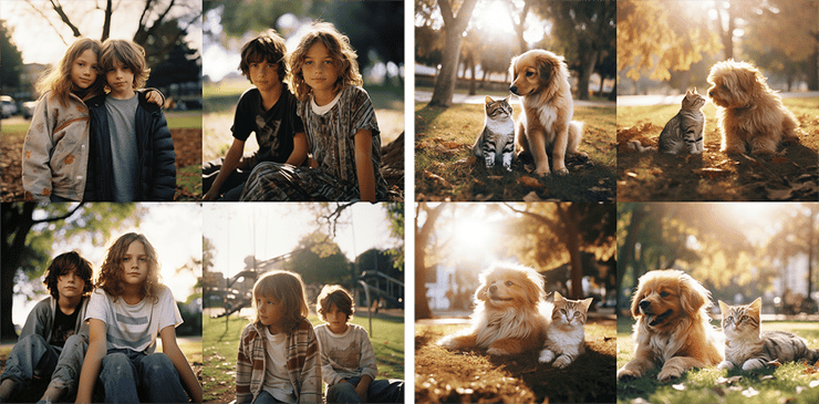 a full casual shot of young girl and young boy, cute cat and cute dog playing in the park