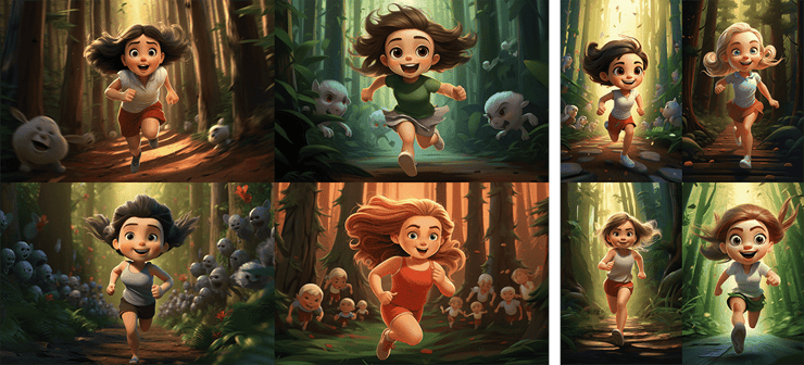  Boss Baby inspired image of a running girl in an enchanted forest, in the style of hyper-realistic, caricature faces in different aspect ratio
