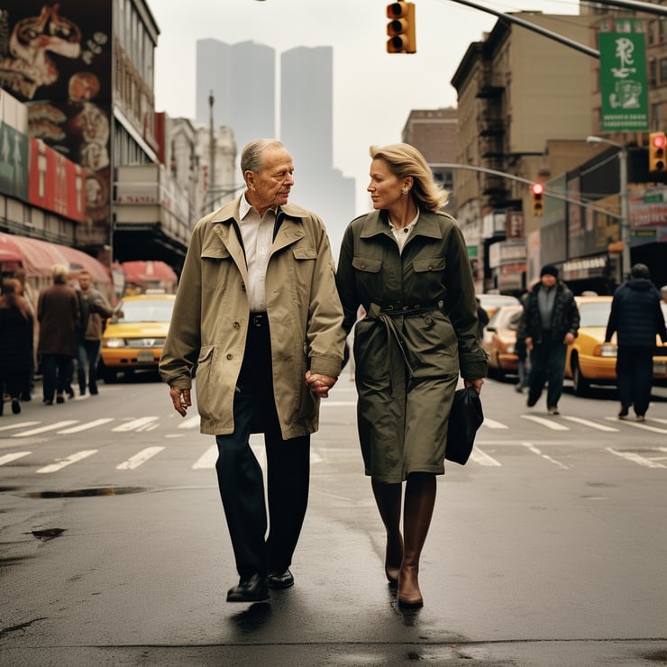 an image of a pair walking in the streets wide shot photographed by Annie Leibovitz