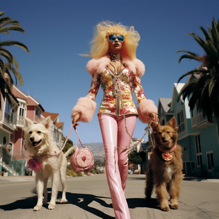wide shot of a woman walking a dog and cat photographed by David LaChapelle