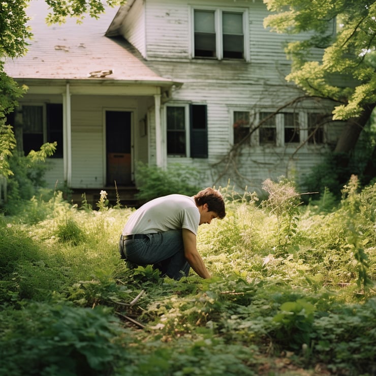 man cleaning his lawn outside his house photographed by Jamie Hawkesworth