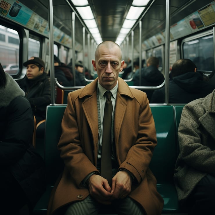 a hyper-realistic photograph of a man riding the subway on the way to work photographed by Lorenzo Agius