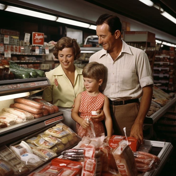 a family buying food in the grocery store in the year 2023 photographed by Neil Leifer