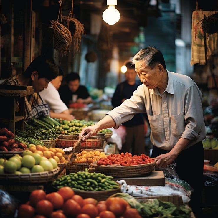 medium shot of someone buying fruits in the market photographed by Zhang Jingna