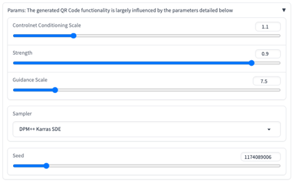Experiment with the different parameters below the prompts. For the best experience, start with the default options and gradually adjust the settings while ensuring the QR code remains scannable.