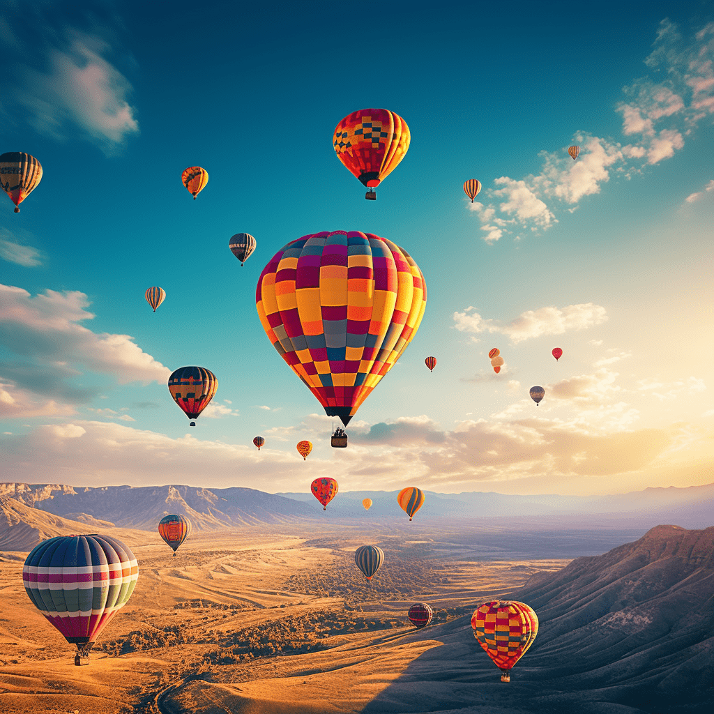 long shot of colorful hot air balloons floating in the sky