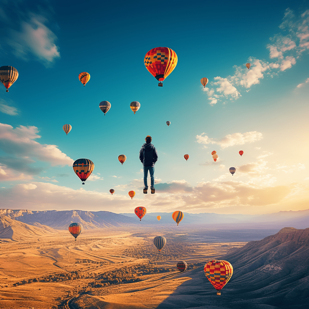 long shot of colorful hot air balloons floating in the sky