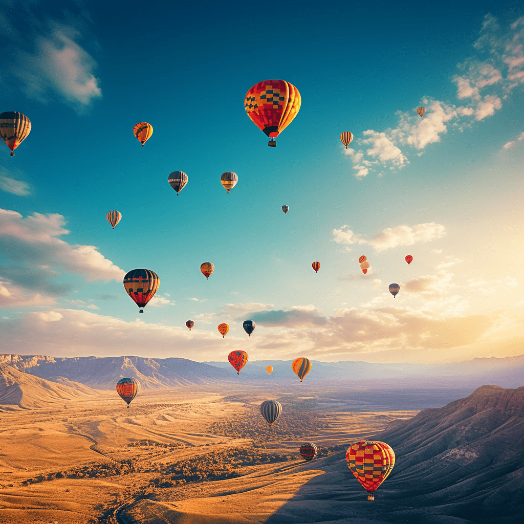long shot of colorful hot air balloons floating in the sky