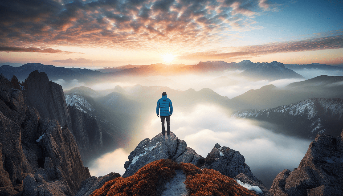 Breathtaking wide angle shot of a man standing at the peak of a mountain, sunrise