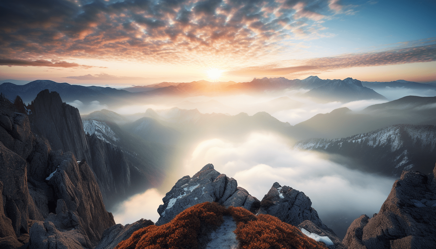 Breathtaking wide angle shot, peak of a mountain, sunrise
