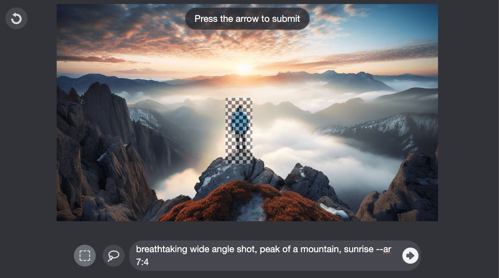 Breathtaking wide angle shot of a man standing at the peak of a mountain, sunrise