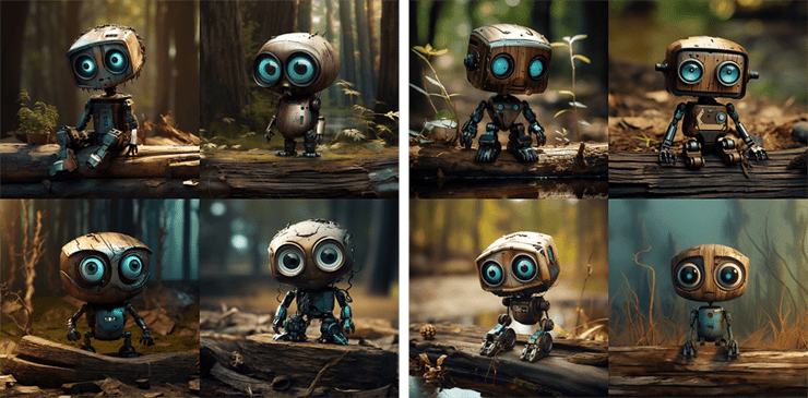 small robotic robot with big eyes is sitting on a stump