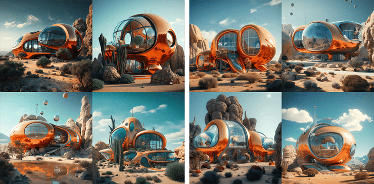  a futuristic house in the desert, in the style of dark orange and cyan