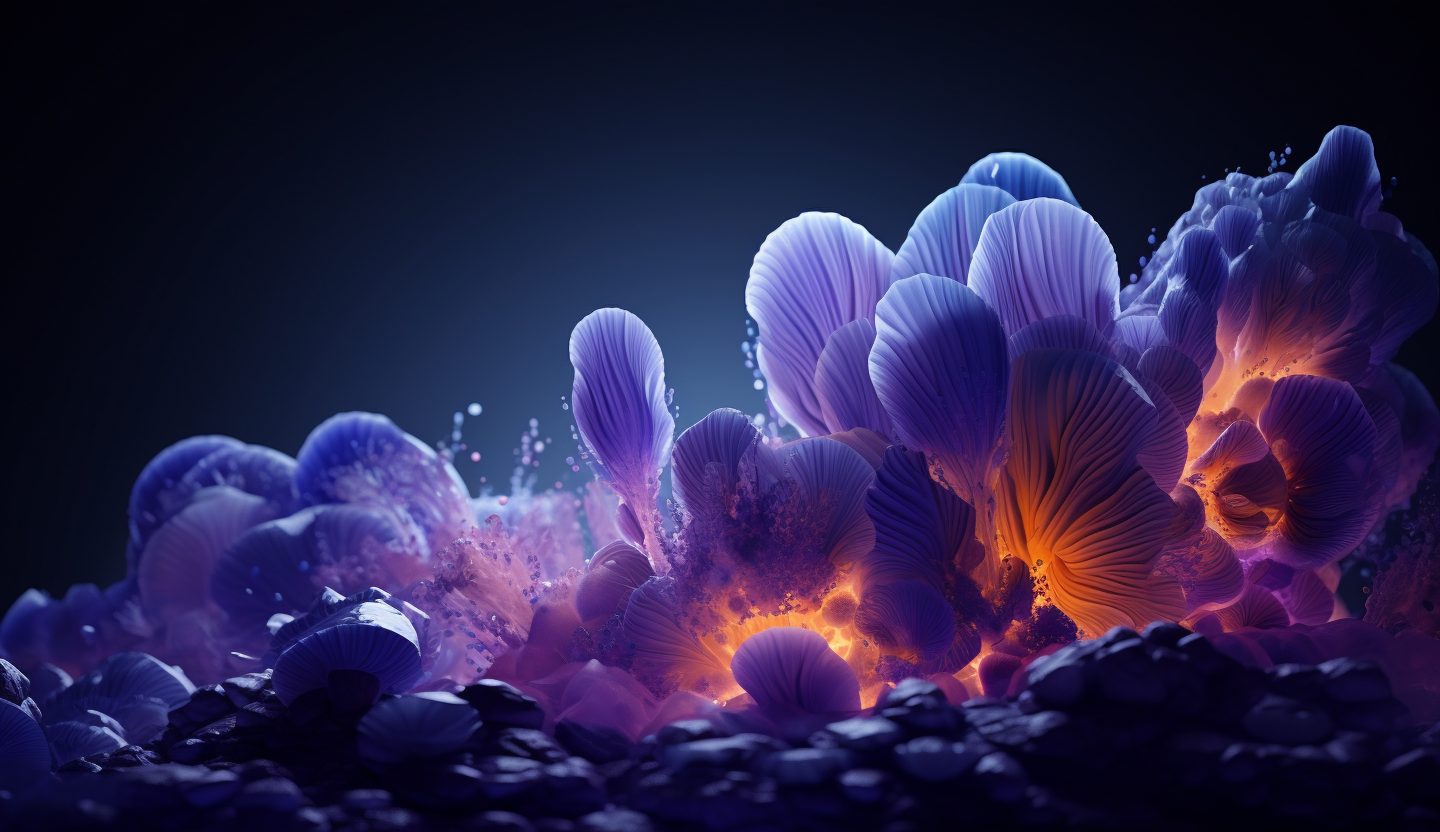 3d blue and purple gradient, exploration of bio-organic forms, forming a thread, blue and purple gradient, violet to dark gradient background, tangible texture, crystal core, yellow light, bold use of impasto, surrealistic elements, high contrast, 32k, UHD