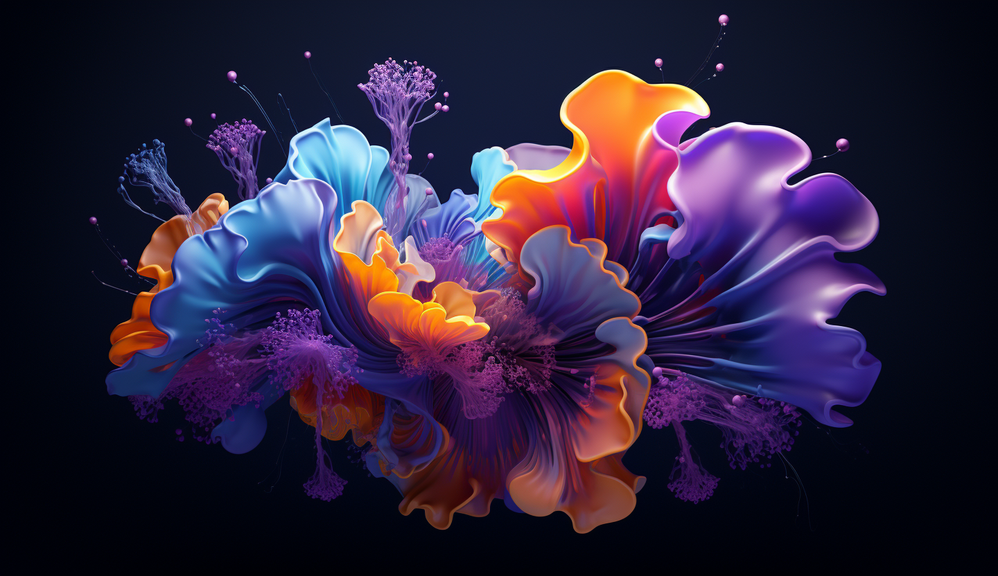 3d hyper sureal, bio elements, purple and blue gradient, bio elements, coral, dark gradient background, sureal, abstract, in the style of david mcleod, detailed imagery, organic form, deconstructed objects, vibrant, photorealistic, 32k, UHD