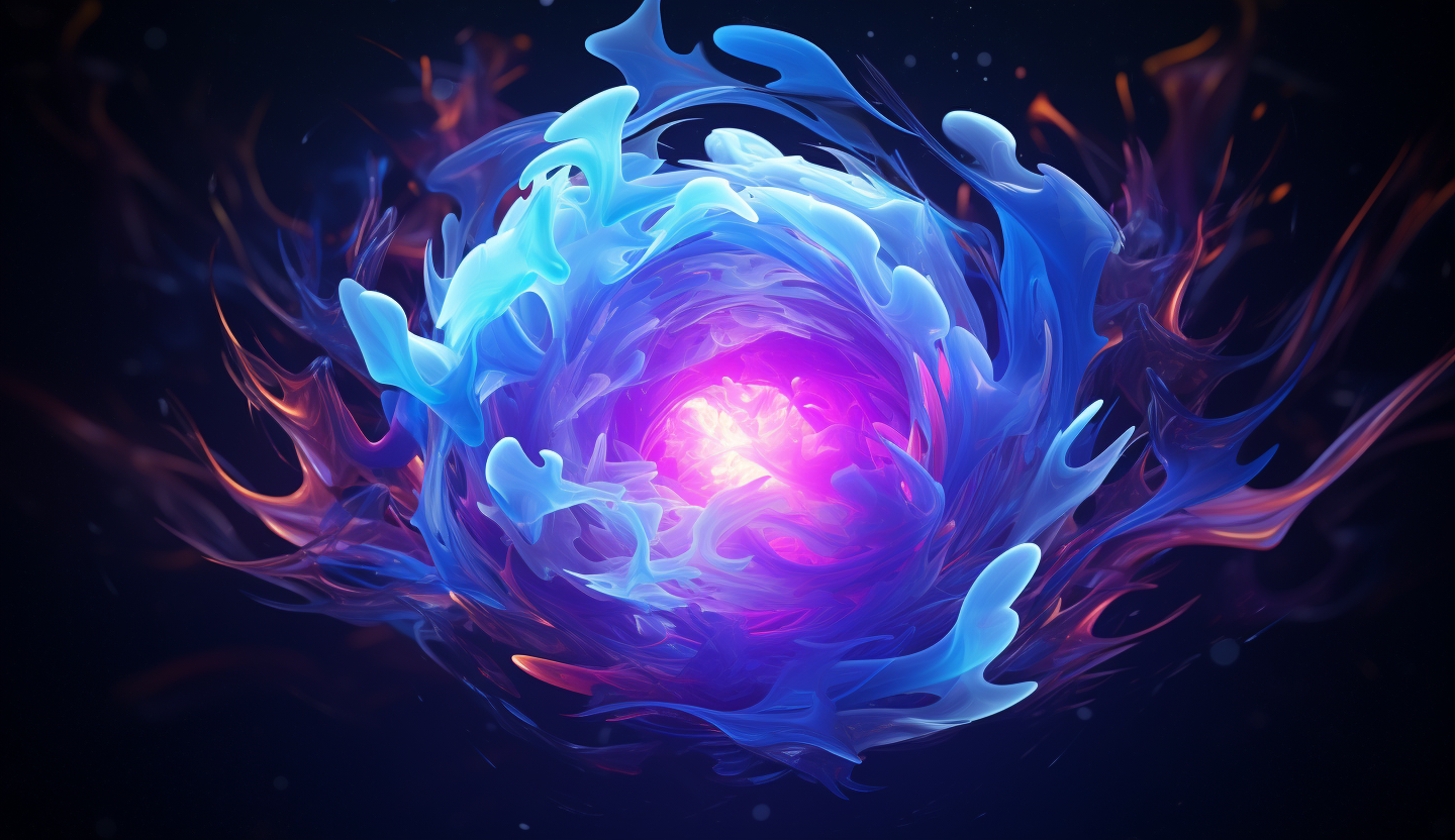 Purple and blue gradient ball exploding, organic shape, in the style of fluid, glass - like sculptures, vibrant, photorealistic, 32k uhd, painted illustrations, luminous scenes, musical color fields, dark gradient background, Rus Khasanov style