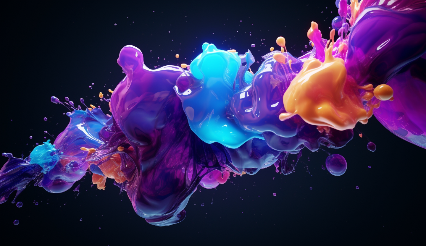 Surreal 3d cosmic purple and blue gradient abstract elements, chrome, foam, ink, style of ball explosive, fantastical, textured forms, yellow and pink particles, high resolution, purple to black background 4K