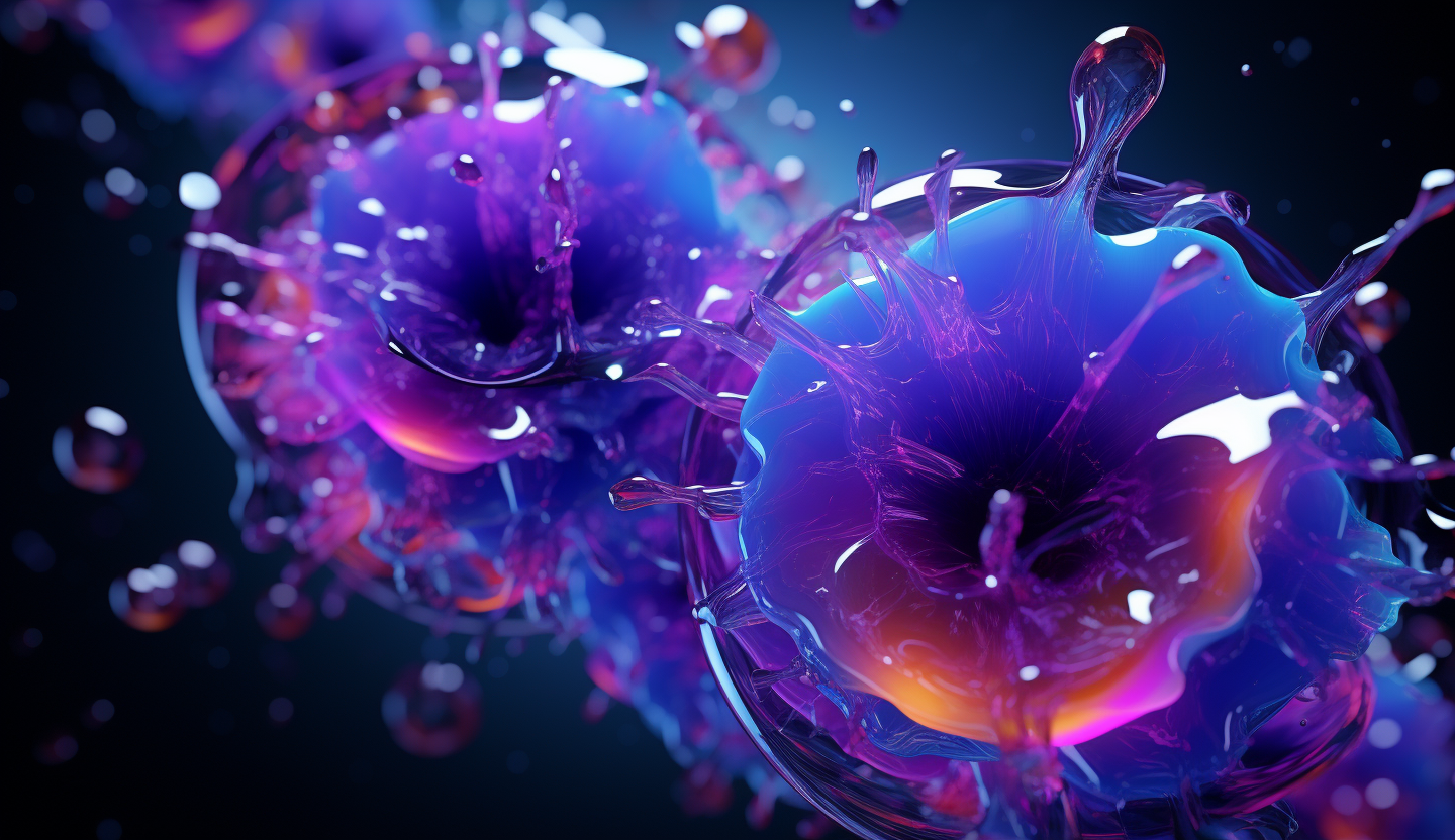 Surreal 3d purple and blue gradient abstract elements, chrome, foam, ink, style of ball explosive, fantastical, textured forms, high resolution, backlit, purple gradient to black background 4K