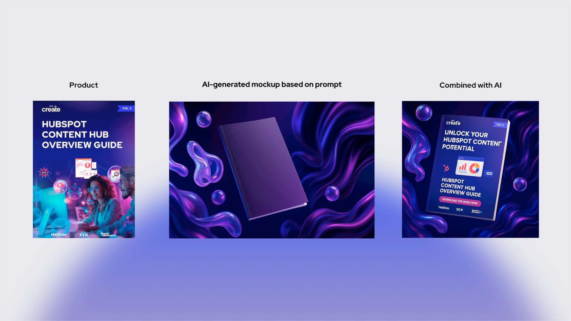 Side-by-side comparison showing a HubSpot Content Hub guide product image, an AI-generated mockup of a floating book with abstract purple liquid shapes, and a final composition combining the original cover with the AI background and mockup style.