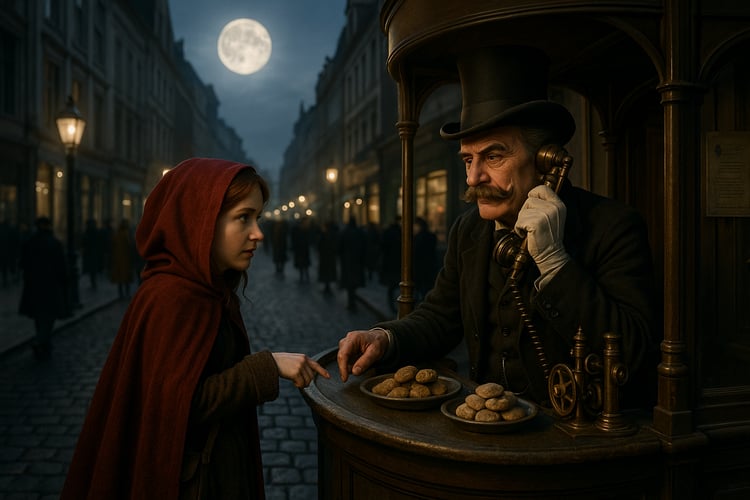 A whimsical city street scene at night, featuring a red-haired woman in a velvet cloak haggling with a steampunk vendor.