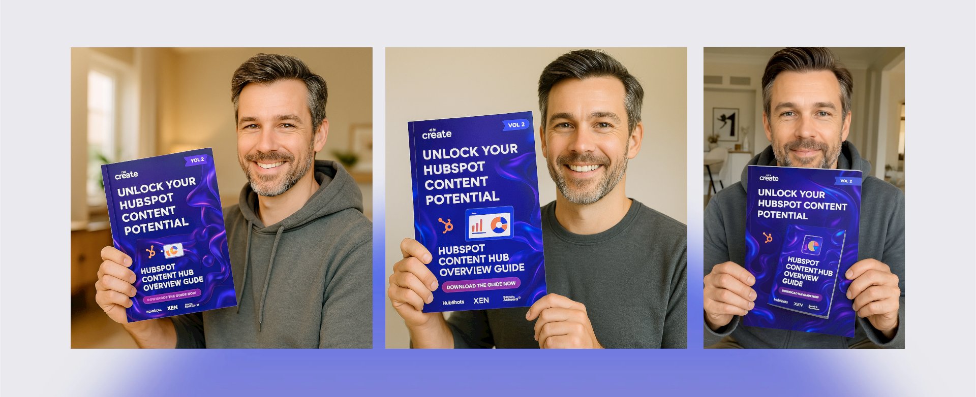 A warm, well-lit indoor portrait of a smiling Caucasian man in his 30s to 40s wearing a grey hoodie and holding up the booklet. The room behind him is softly blurred with neutral tones.