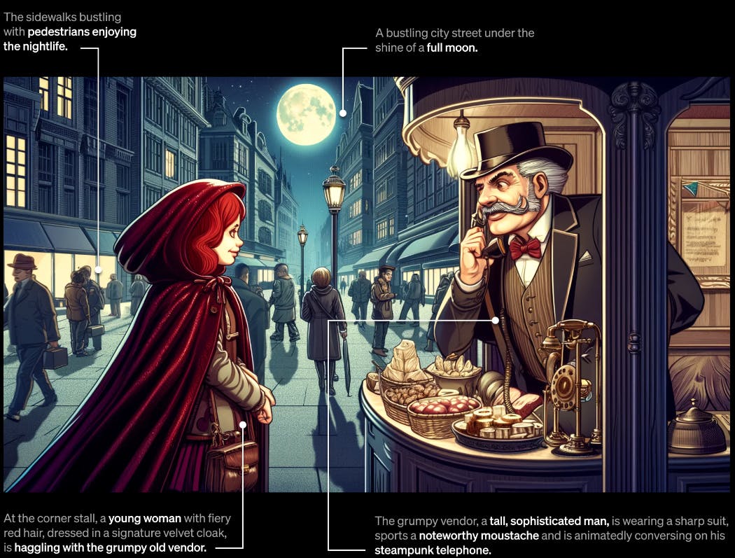 A whimsical city street scene at night, featuring a red-haired woman in a velvet cloak haggling with a steampunk vendor.