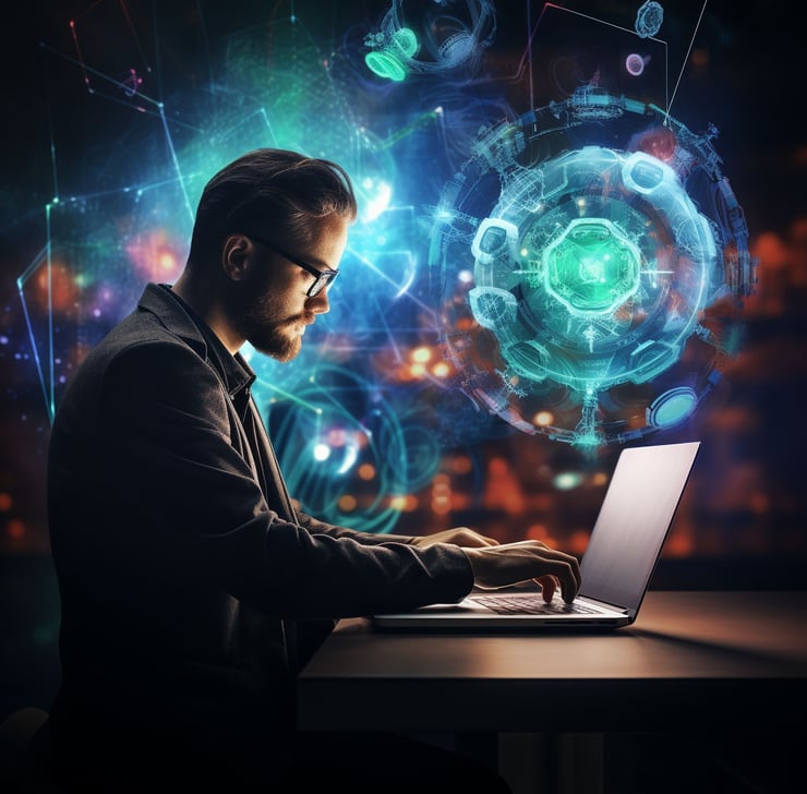 Surreal image of a Tech employee with tech graphics on the background