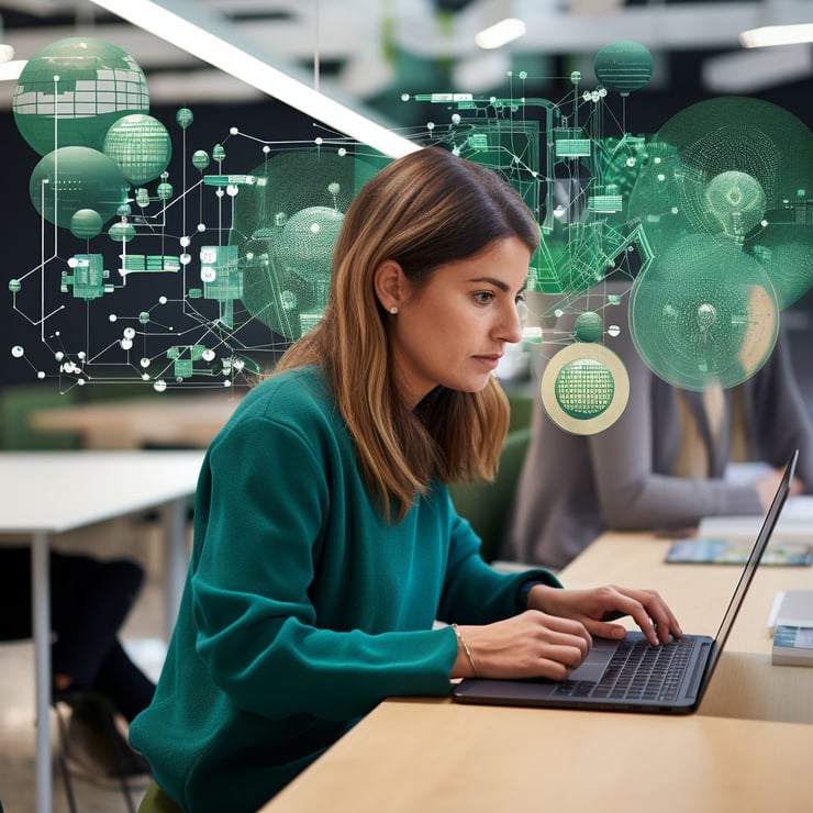 Tech employee with tech graphics