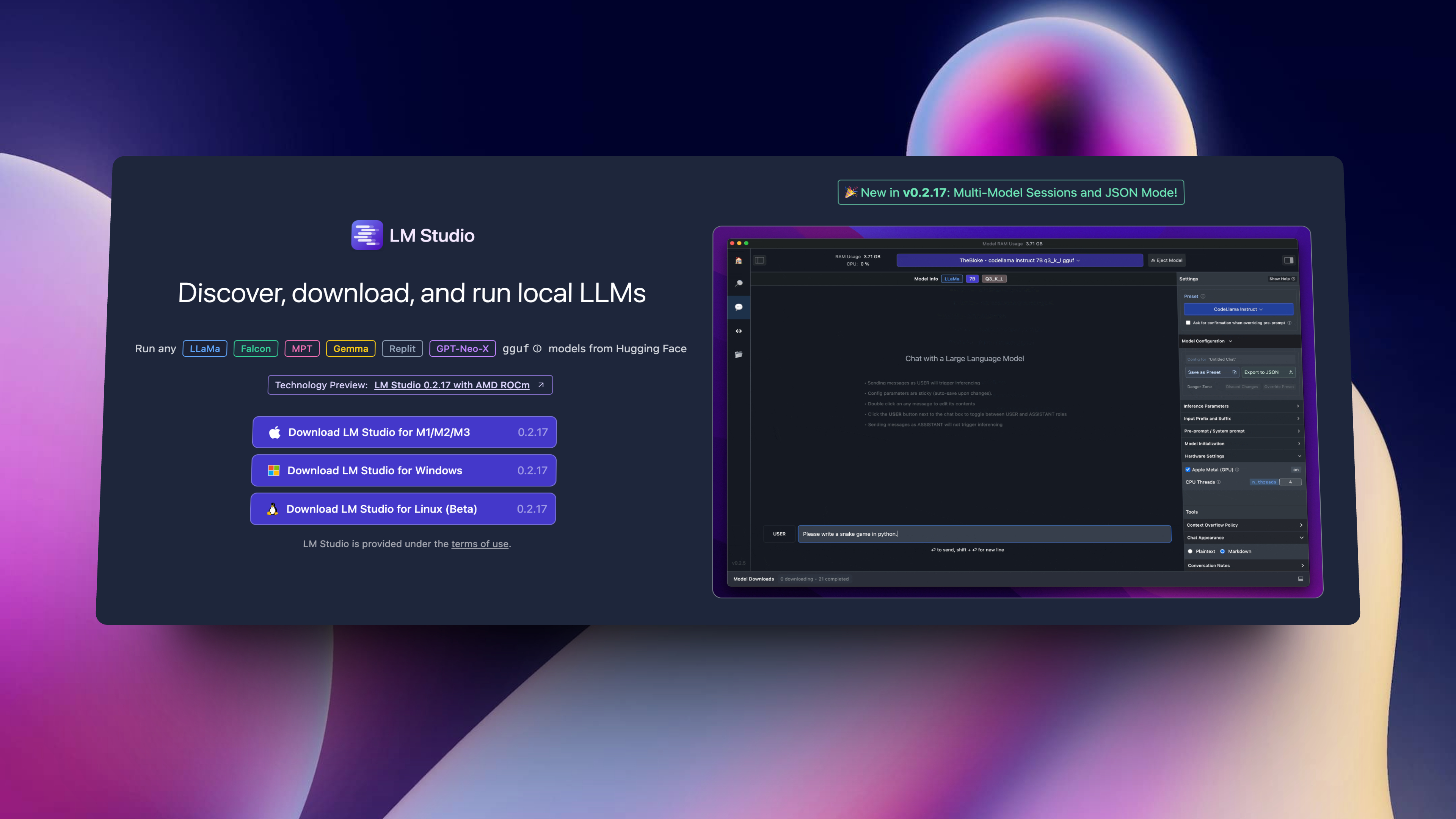 A screenshot of the LM Studio software interface, which allows users to discover, download, and run local large language models from various providers on different operating systems.