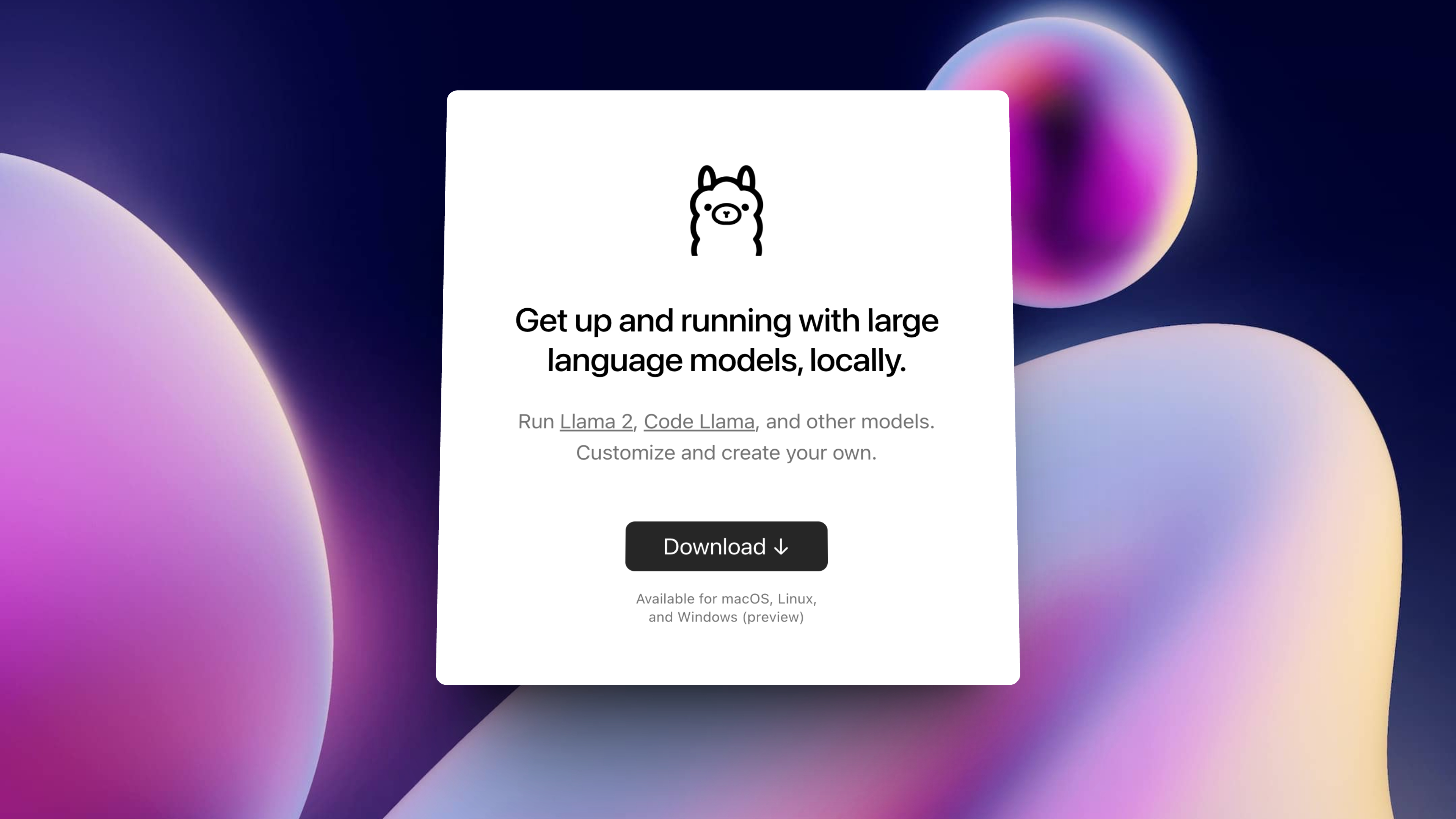 A screenshot of a webpage with a prominent 'Download' button offering to get users started with large language models locally.