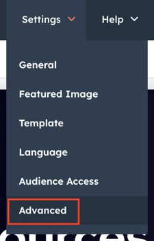 Screenshot of the Settings menu in the page editor, highlighting the Advanced link