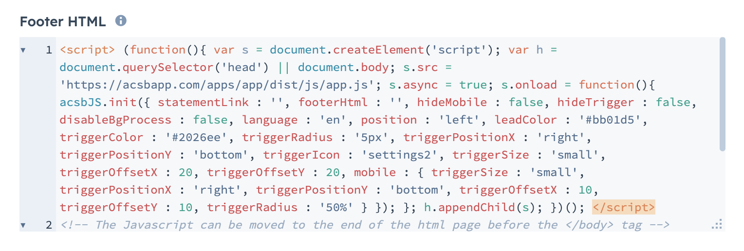Screenshot of the footer HTML section in the settings