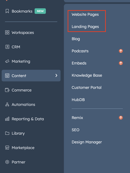 Screenshot of HubSpot portal, highlighting the Website pages and Landing pages links