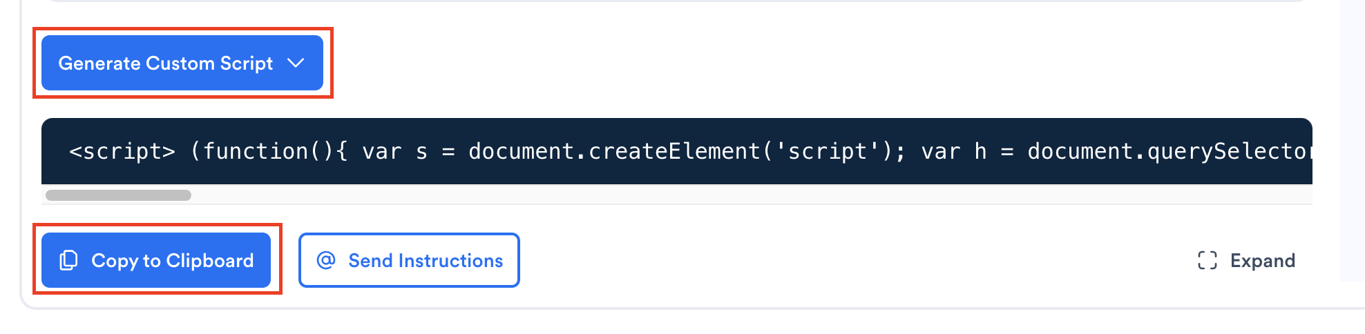 Screenshot of Customized installation section on accessiBe website, highlighting the Generate and Copy buttons