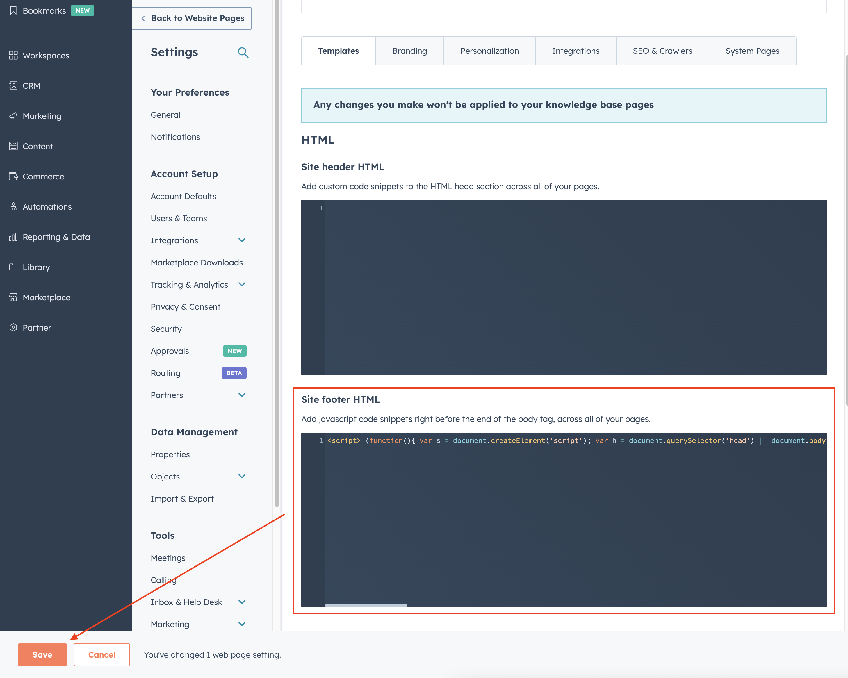 Screenshot of Site footer HTML section in HubSpot portal
