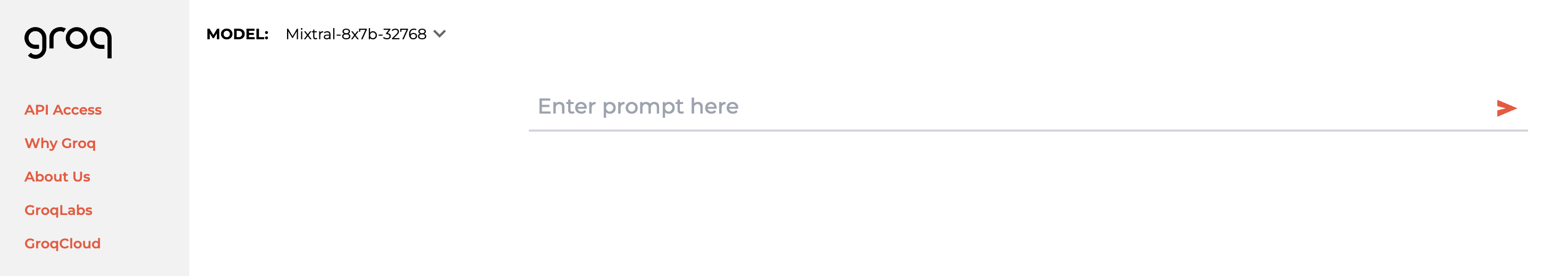 Screenshot of the Groq chat interface showing a text input field with placeholder text 'Enter prompt here' and a dropdown menu to select AI models like 'Mixtral-8x7b-instruct-v0.1'