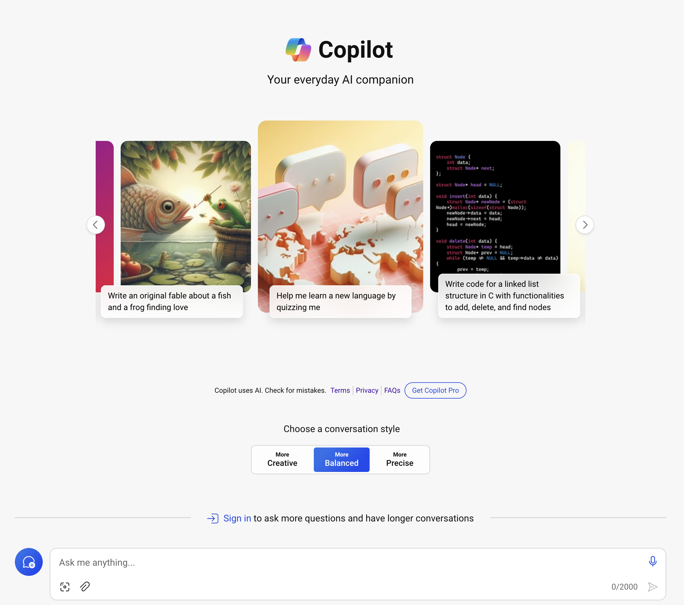 Microsoft Copilot homepage with options to write original content, learn a new language, and code examples